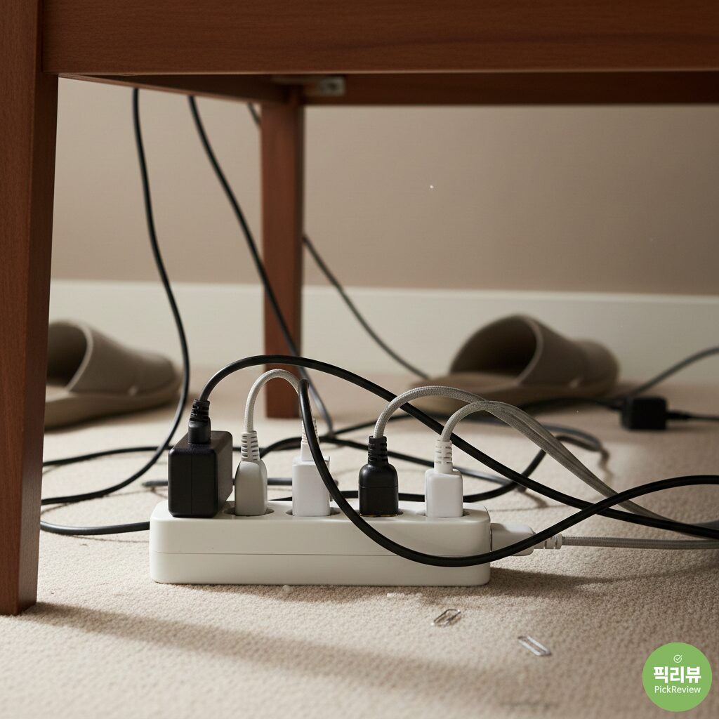 책상 밑 전선 정리가 되지 않은 상태에서 사용 중인 멀티탭