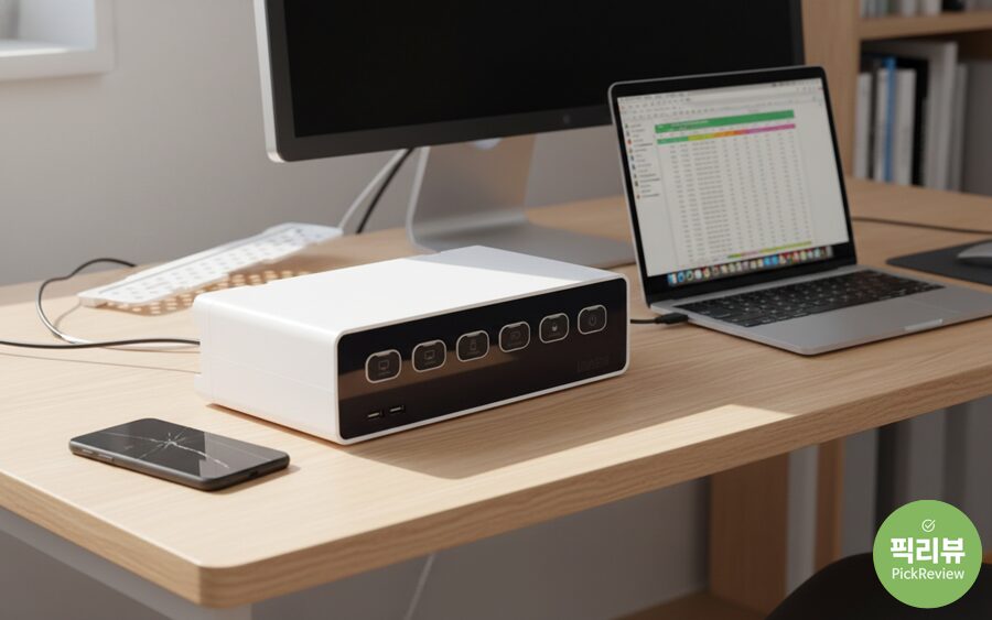 멀티박스탭을 사용하여 말끔하게 정리된 책상모습