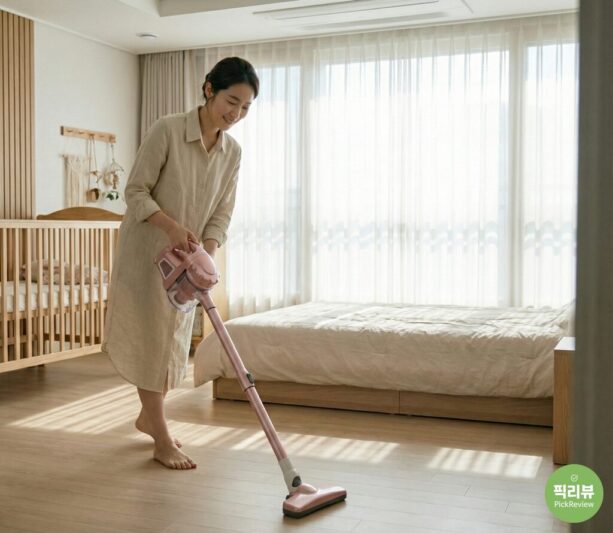 지웰 무선진공 청소기 사용모습