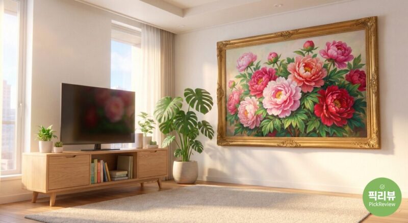 재물운을 부르는 부귀영화의 상징 모란꽃 액자가 걸린 모습