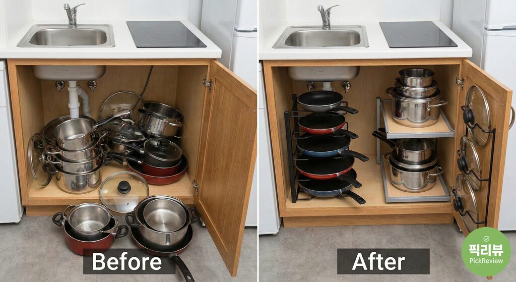 냄비 무덤 탈출! 주방 효율을 200% 높이는 후라이팬 정리대 수납법 3가지