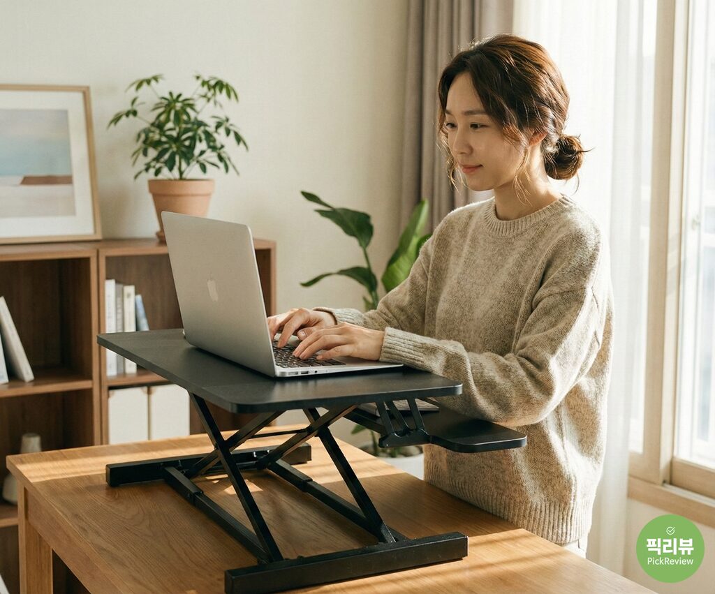 [2026 가이드] 거북목 방지하는 데스크테리어의 핵심: 모니터 높이와 스탠딩 책상 활용법