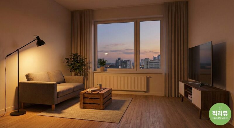 소파 옆에 조명을 두어 벽 없이도 휴식공간이라는 영역을 명확히 두어 인테리어효과를 높인 거실인테리어