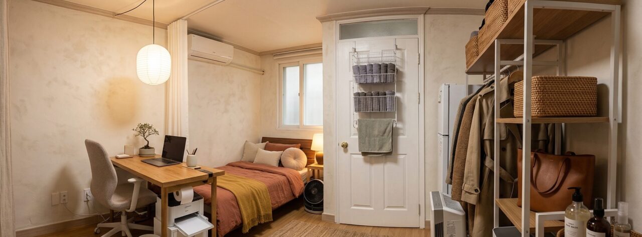 무타공 수직 수납, 좁은 방 넓혀주는 문걸이 선반